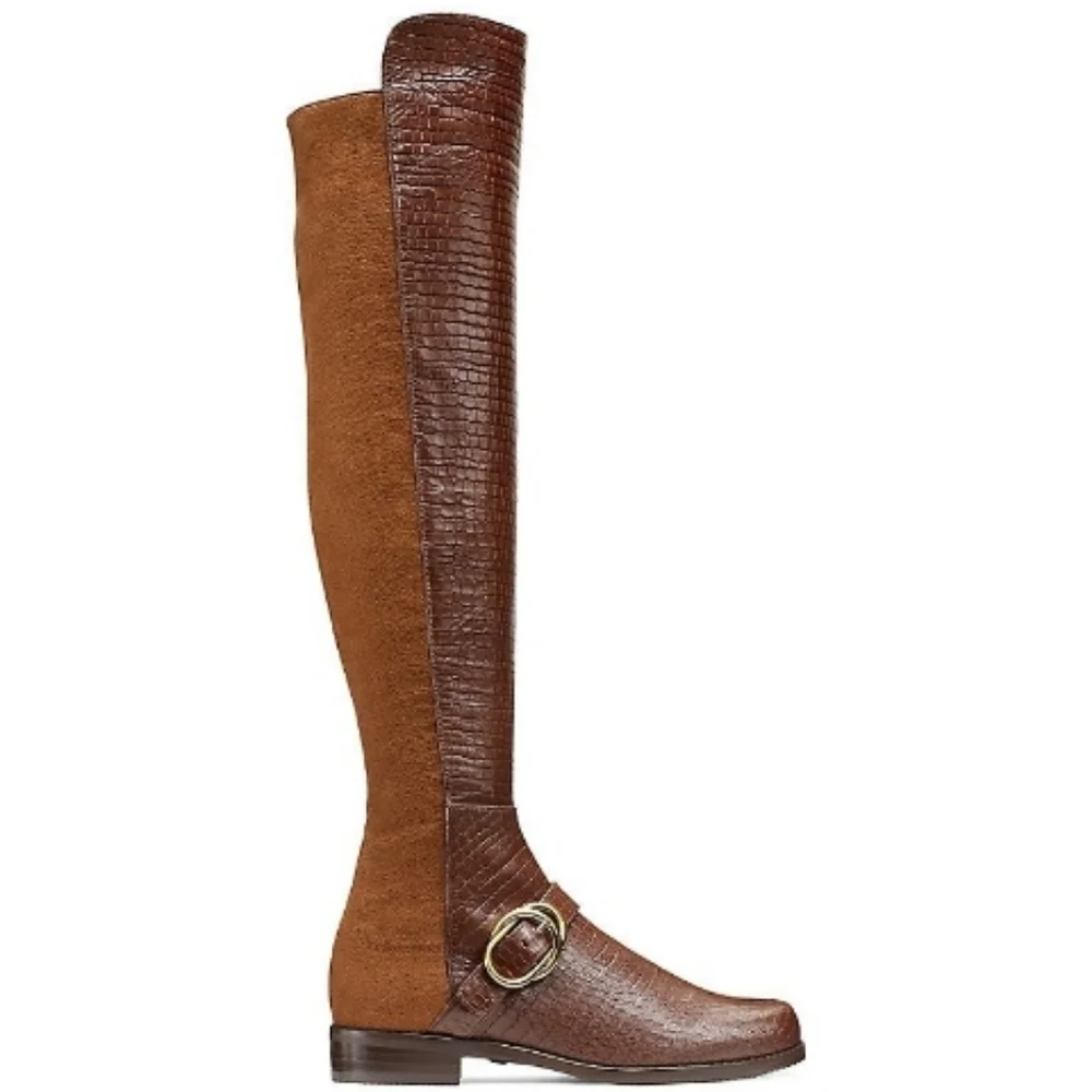 Stuart Weitzman Siella Leather Croc Embossed Riding Boots Gold Buckle 6